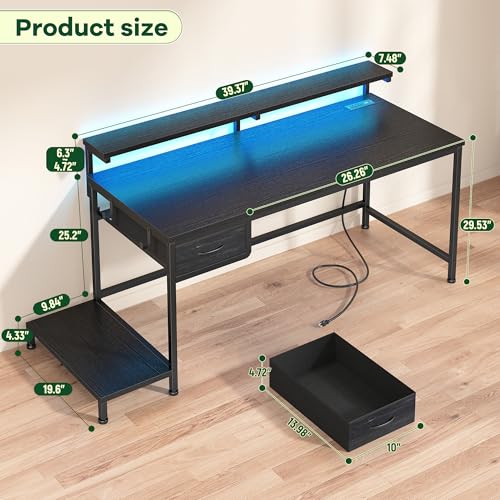 39-Inch Gaming Desk with LED Lights, Power Outlets, and Monitor Stand