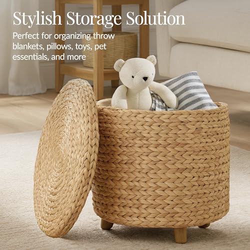17-Inch Round Woven Water Hyacinth Storage Ottoman with Lid and Wooden Legs