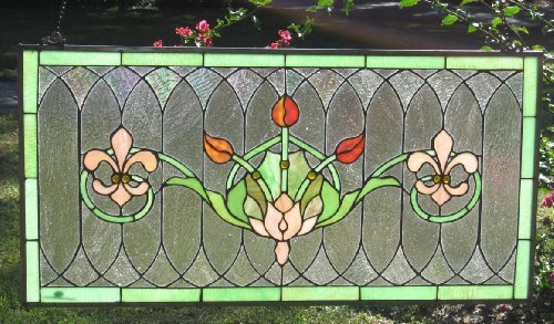 Stained Glass Transom Window Panel - Fleur De Lis 32" x 16"