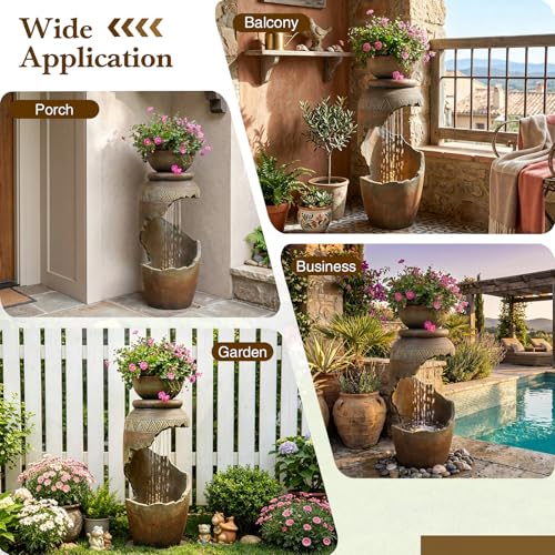 Modern Spiral Tiered Outdoor Water Fountain with LED Light & Planter