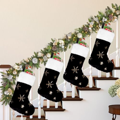 CCINEE 4 Pack 18-Inch Black Christmas Stockings with Gold Snowflake Sequin - Faux Fur Xmas Stockings