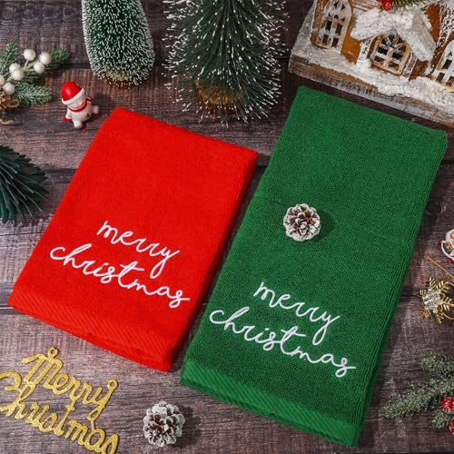 Christmas Embroidered Cotton Hand Towels Set 2 Pack Red Green Holiday Decor