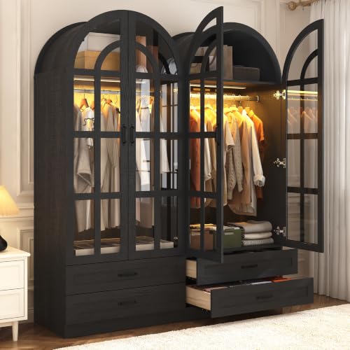 75" Arched Armoire Wardrobe with Glass Doors, 2 Drawers and LED Light