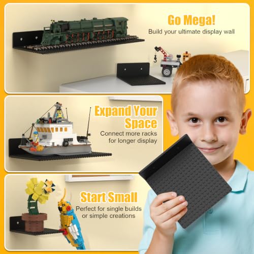 12-Pack Floating Display Shelves with Stud Baseplates for Toy Bricks, Black
