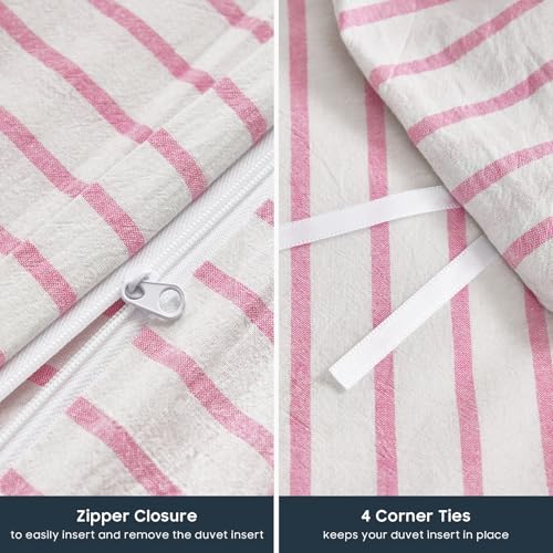 Pink Striped Cotton Duvet Cover Set - Queen Farmhouse 3-Piece Bedding