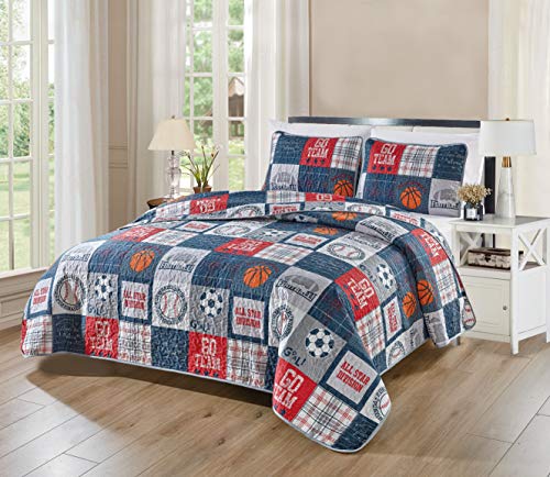 Sports Patchwork Bedspread Set, Kids Basketball Soccer Full/Queen Quilt