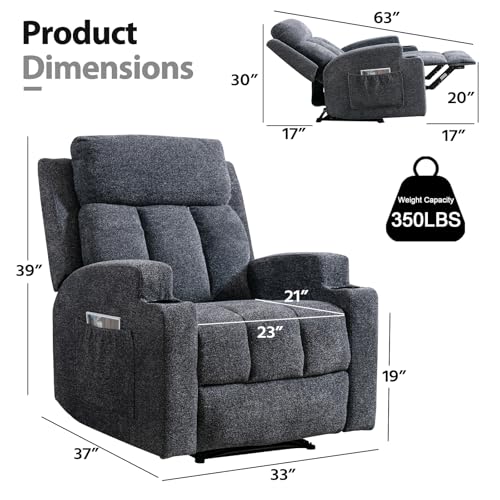 Manual Recliner Chair with Massage and Heat, Dark Grey Fabric Sofa