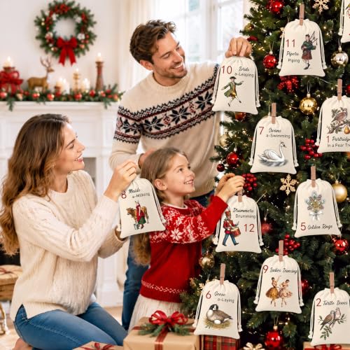 12 Pcs Christmas Countdown Advent Calendar Bags with Vintage Design & Setup Kit