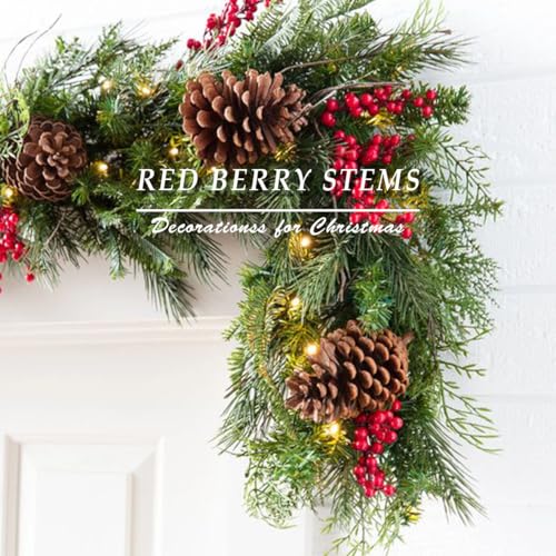 COSOKUU Red Berry Stems 30 Pcs - 8in Artificial Holly Picks for Christmas Decor (Red)