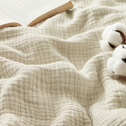 100% Cotton Muslin Blanket King Size - Lightweight Breathable 4-Layer Gauze Throw, Linen Beige, 108x90 Inches