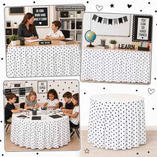 14ft Black and White Polka Dot Table Skirt for Teacher Desk and Classroom