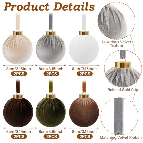 Shaxcoq 12-Pack Velvet Christmas Ornaments – 6 Color Neutral Velvet Ball Set with Ribbons