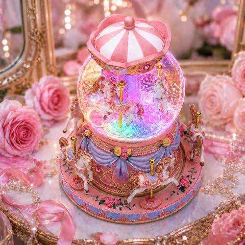 Carousel Snow Globe Music Box with Rotating Horses, LED Lights & Glitter
