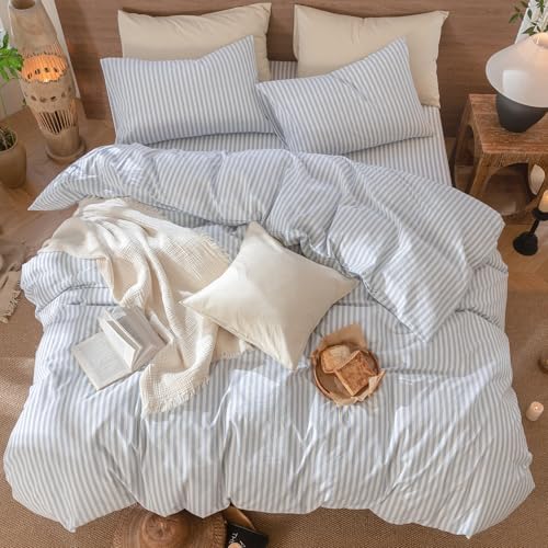 100% Washed Cotton Striped Duvet Cover Set - Queen Soft Linen Texture Bedding