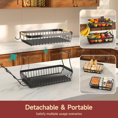 2-Tier Detachable Metal Fruit Basket with Banana Hangers & Wooden Handle