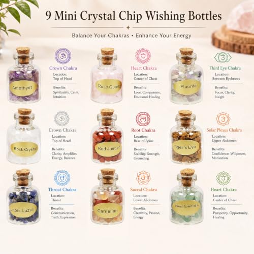 9 Mini Gemstone Crystal Bottles Set - Natural Healing Chip Stones for Wicca & Crafts