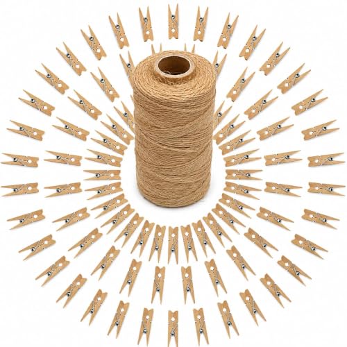 100Pcs 1.4-Inch Mini Wooden Clothespins with 328ft Jute Twine for Photo Display