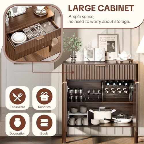 31" Fluted Buffet Cabinet, Walnut Sideboard with Drawer and Doors