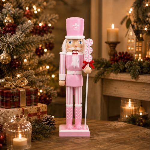 Pink Christmas Nutcracker Figures - 15 Inch Wooden Holiday Decor with Candy Details