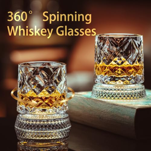 Ginireto Pattern A Spinning Whiskey Glasses Set of 2, 9.5oz Lead-Free with Ice Molds & Gift Box
