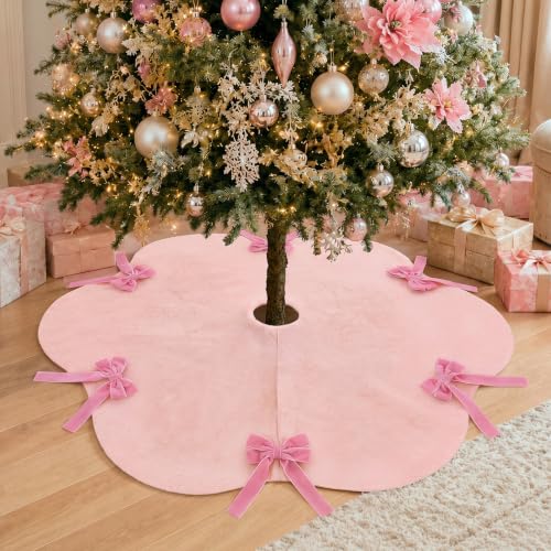Syhood 30 Inch Pink Velvet Christmas Tree Skirt with Scalloped Edge & Bow (Pink, 30 Inch)