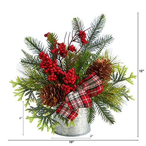 Nearly Natural 10x8x12in Winter Berry & Pinecone Artificial Holiday Arrangement in Vase