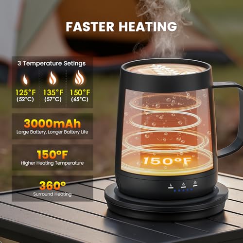 Fexqic Black Smart Self-Heating Coffee Mug 14oz with Temperature Control