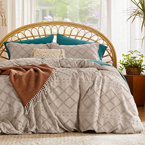 Boho Duvet Cover Set Queen - Soft Tufted Texture, 3-Piece