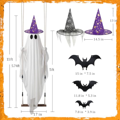 11 FT Light-Up Hanging Ghost Outdoor Halloween Decor with Swing & Bats