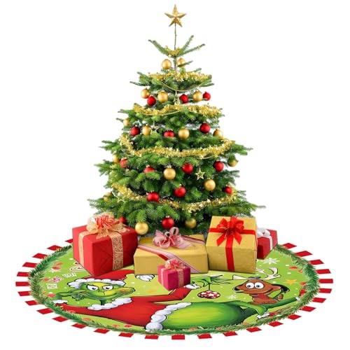 48 Inch Plush Christmas Tree Skirt - Farmhouse Decor with Red & Green Trim