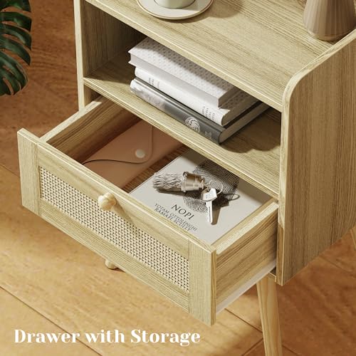 Rattan Nightstands with Charging Station, Set of 2, Boho Bedside Tables