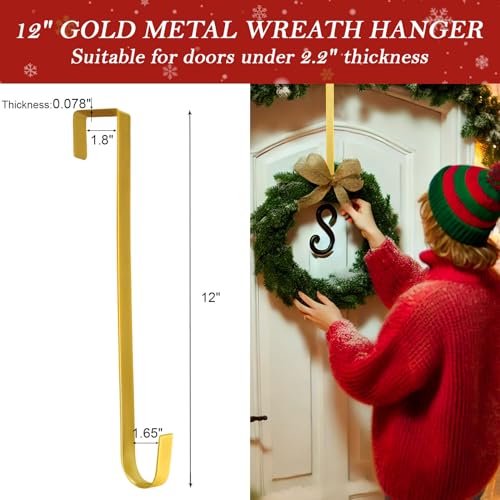 12-Inch Metal Wreath Hanger for Front Door - Heavy Duty Over the Door Hook, Gold