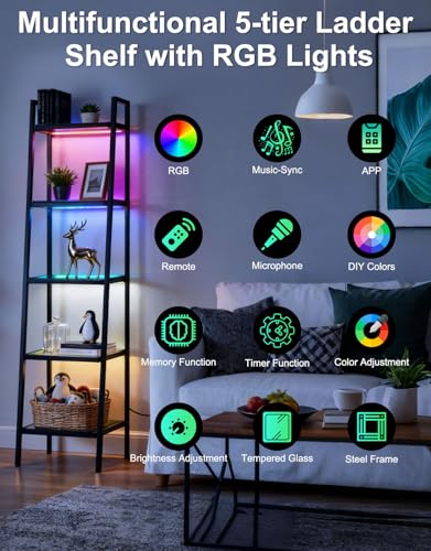 5-Tier Glass Display Shelf with RGB LED Lights, 67-inch Ladder Bookshelf