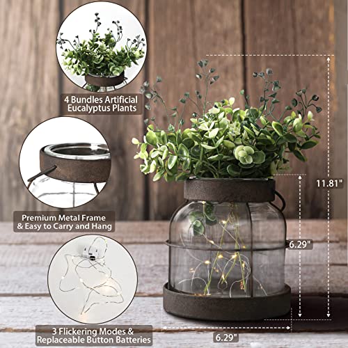 Vintage Glass Farmhouse Vase Lantern with Artificial Plants & Lights