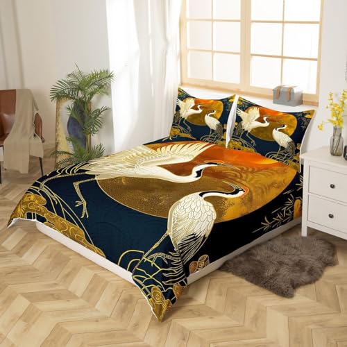 Japanese Crane and Cloud Duvet Cover Set, Queen Size 3-Piece Bedding