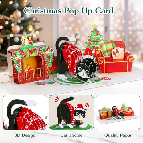 DISJOURNEY Tuxedo Cat 3D Pop Up Christmas Card with Envelope - 6 x 8 in (Variation: 62-Christmas Cat)