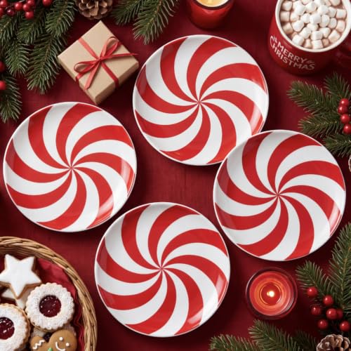 FillTouch Red & White Candy Cane Christmas Plates - 4 Pack Ceramic Serving Platters, 5.91 inches