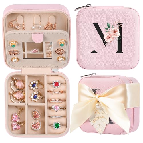 Travel Jewelry Box for Women and Girls - Small Case with Initial A-Z (Pink, M) - Teacher Gifts by AYGXU