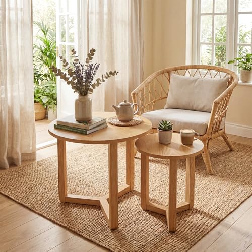2-Piece Round Nesting Coffee Table Set, Solid Wood Tripod Side Tables