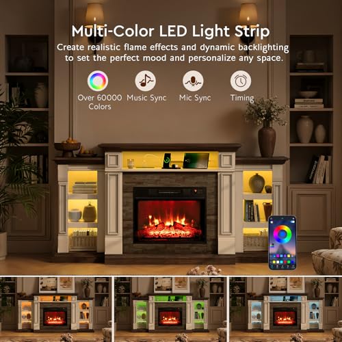 72-Inch LED Electric Fireplace TV Stand with Outlets & Storage