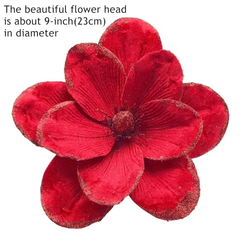 M2cbridge Red Velvet Magnolia Flowers Artificial Poinsettia Stems, 4PCS Christmas Decor