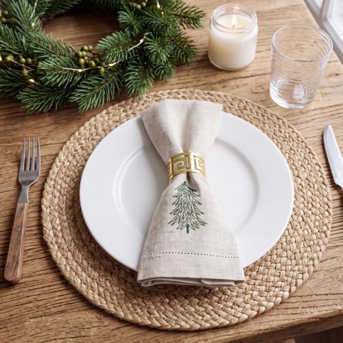 Christmas Tree Embroidered Linen Napkins Set of 6 18x18'' Rustic Holiday Decor Xmas