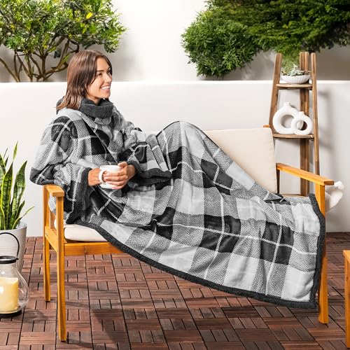 Wearable Blanket with Sleeves and Pocket, Soft Fleece Sherpa Throw Wrap