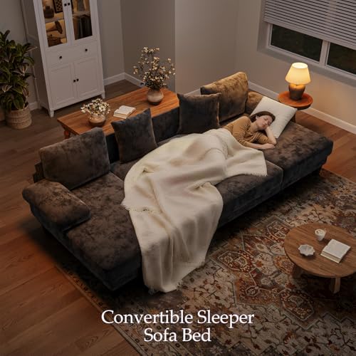 112-Inch U-Shaped Sleeper Sofa with Pull-Out Bed - Dark Grey Chenille