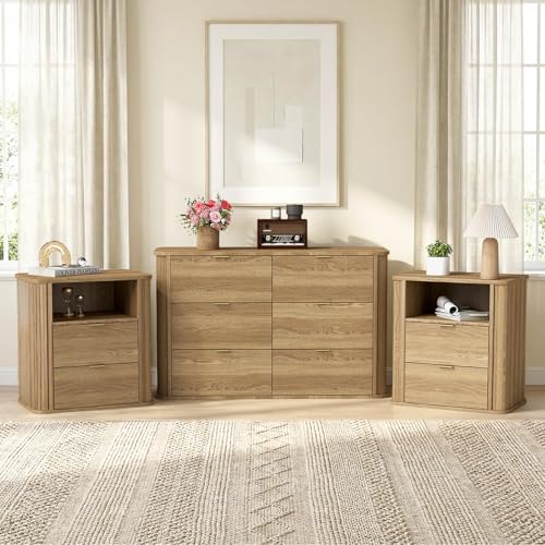 3-Piece Fluted Bedroom Furniture Set: 6-Drawer Dresser & 2 Nightstands
