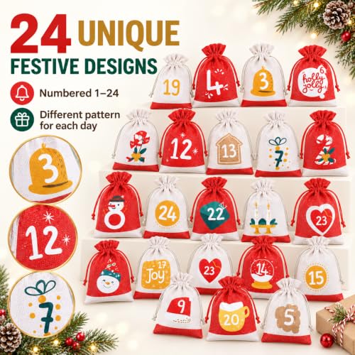 Christmas Advent Calendar Gift Bags Set - 24 Reusable Burlap Countdown Bags with Clips & Rope