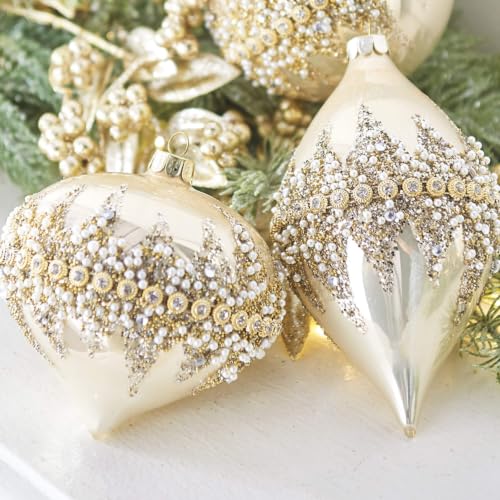 Raz Imports 4-Inch Beaded Ornament Set of 3 - Light Brown Christmas Ornaments