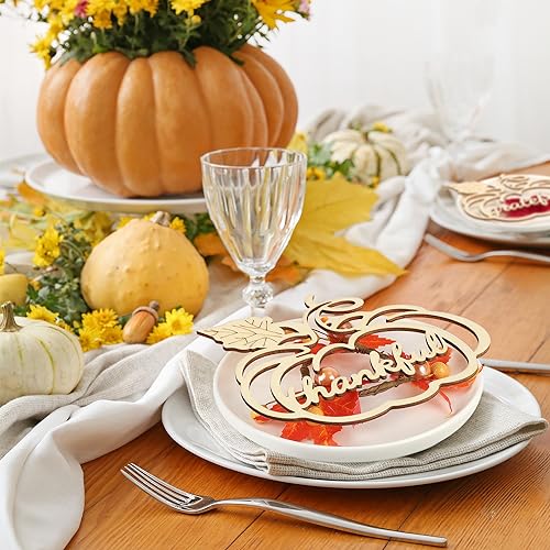Sophena 12 Pack Large Thanksgiving Pumpkin Wood Place Card Decor - Grateful Fall Autumn Table Settings