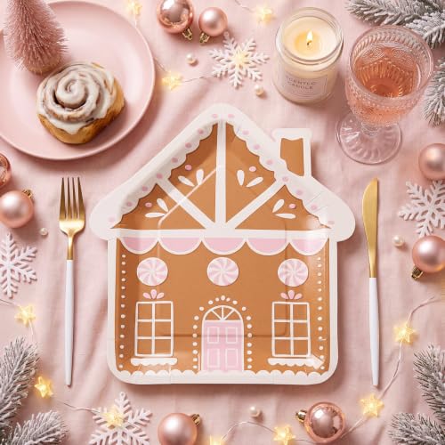 Pastel Gingerbread House Christmas Paper Plates - 60 Pack, Disposable Holiday Dinnerware