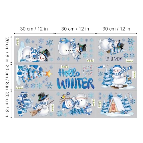 Christmas Snowman Wall Decals Set – Blue & White Hello Winter Window Clings, Removable Snowflake Decor